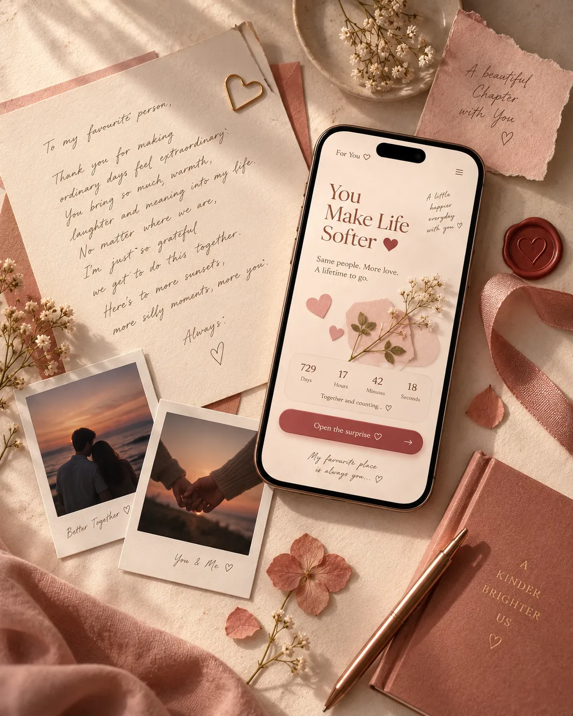 Editorial still life of a handwritten letter, polaroids, and a phone