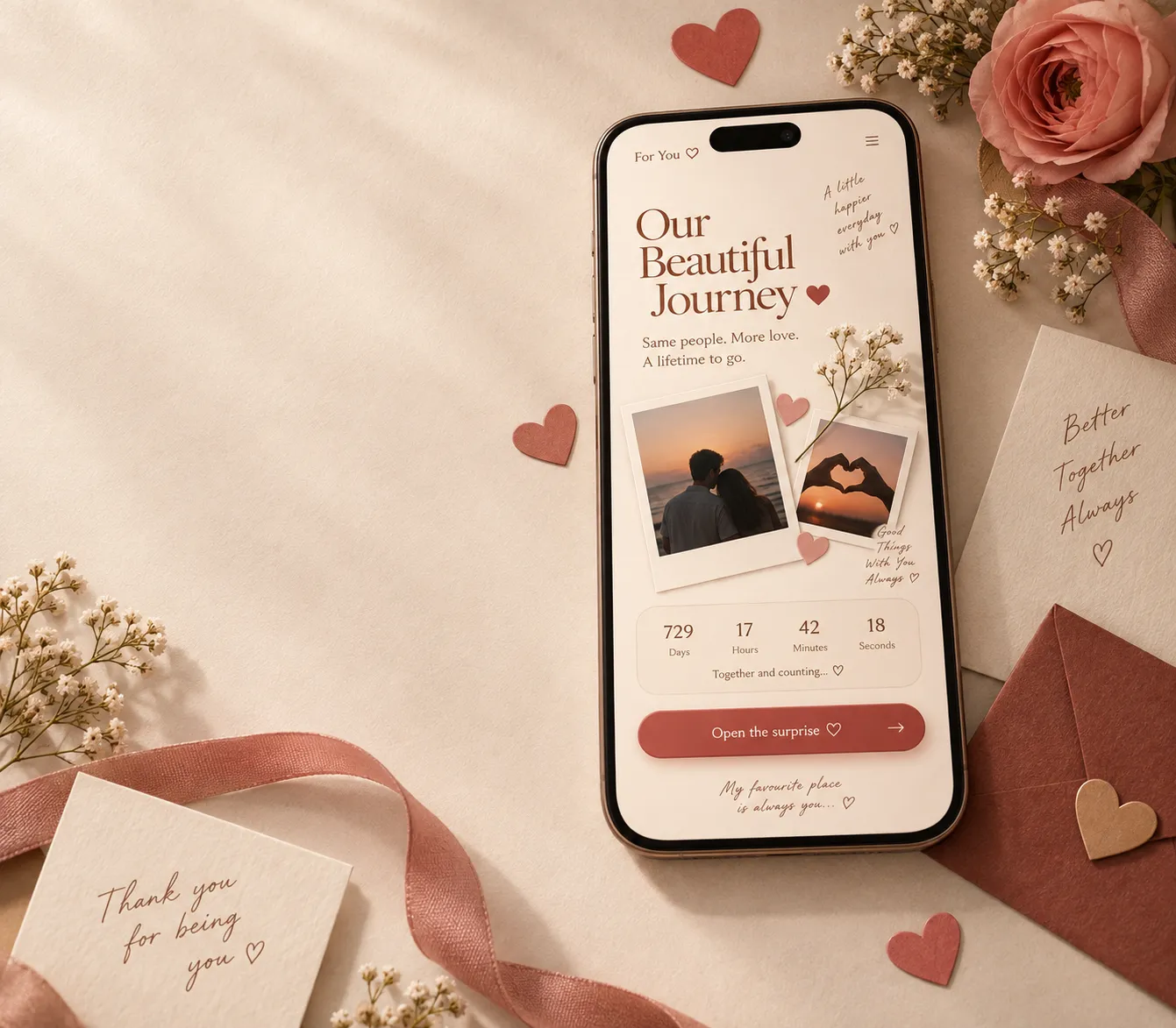 Illustration of a private romantic love-page builder on a smartphone