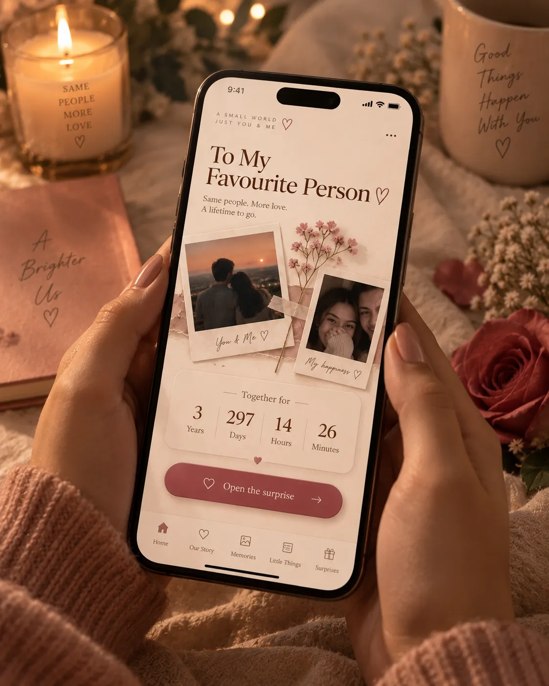 Hands holding a phone open to a private love page