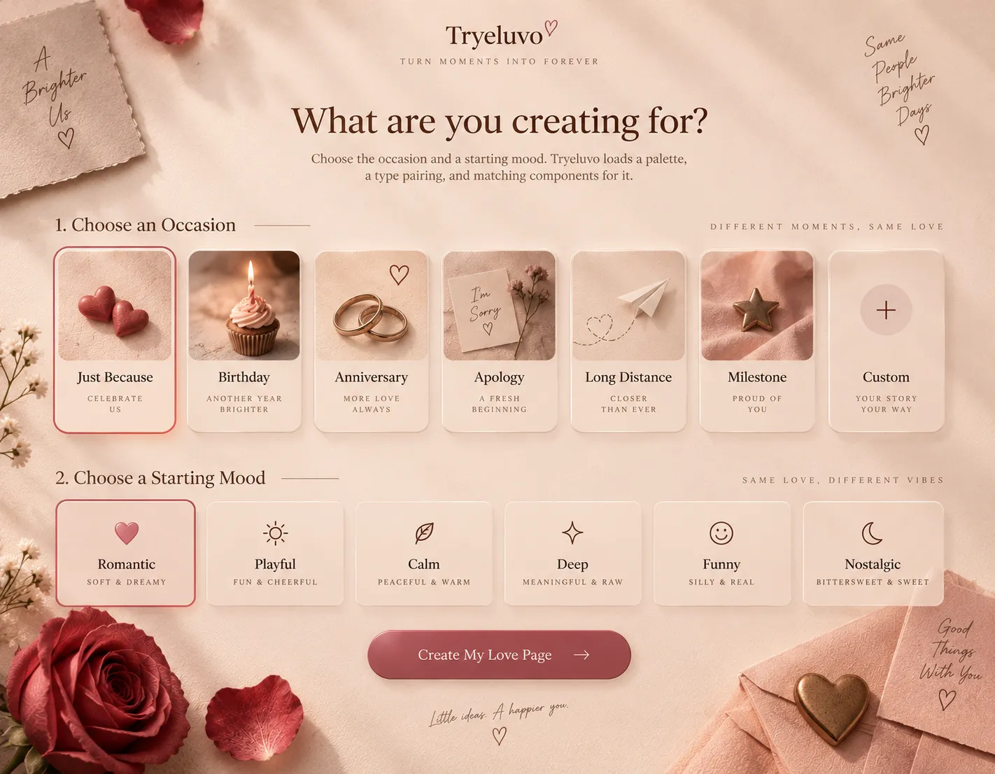 Choosing an anniversary mood on tryeluvo: a palette and font pairing are applied to the page