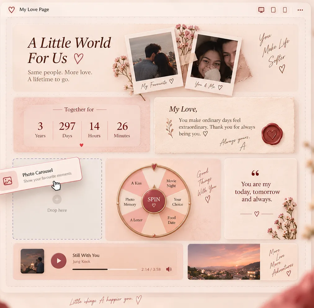 Photo carousel, letter block, countdown and prize wheel being dragged onto a surprise page
